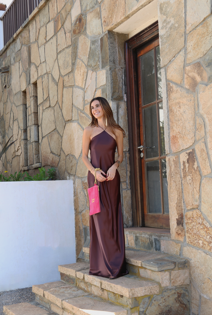 Vestido largo halter cafe lia